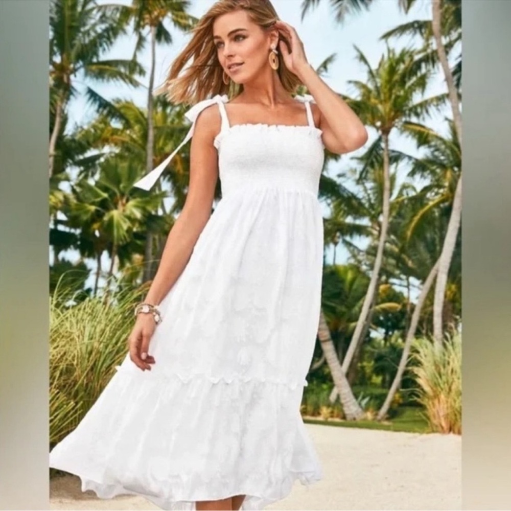 Lilly Pulitzer White Rivera Midi Dress Smocked White Tie Shoulder size Small